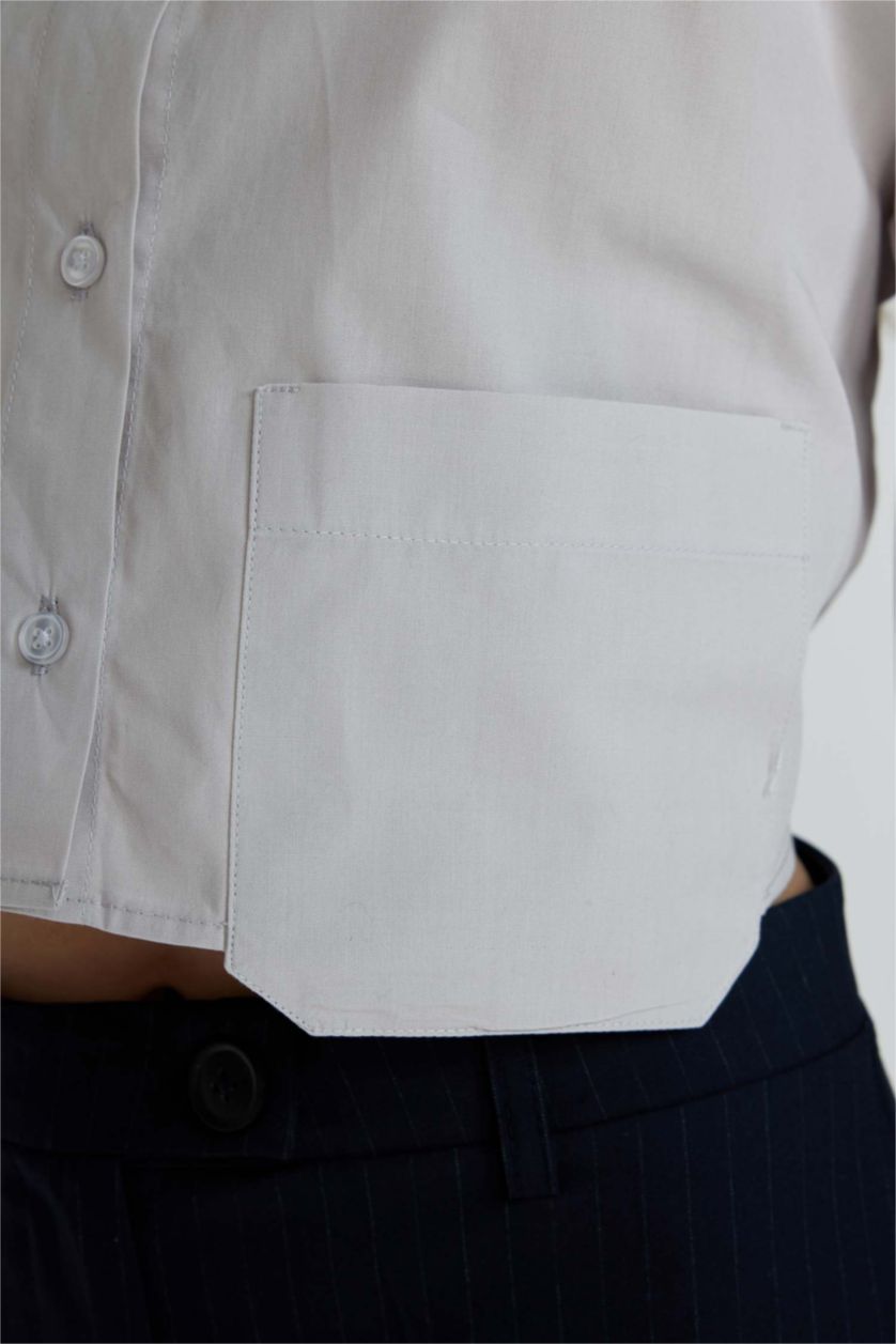 WOMAN Light Grey Oversize Poplin Long Sleeve Crop Shirt