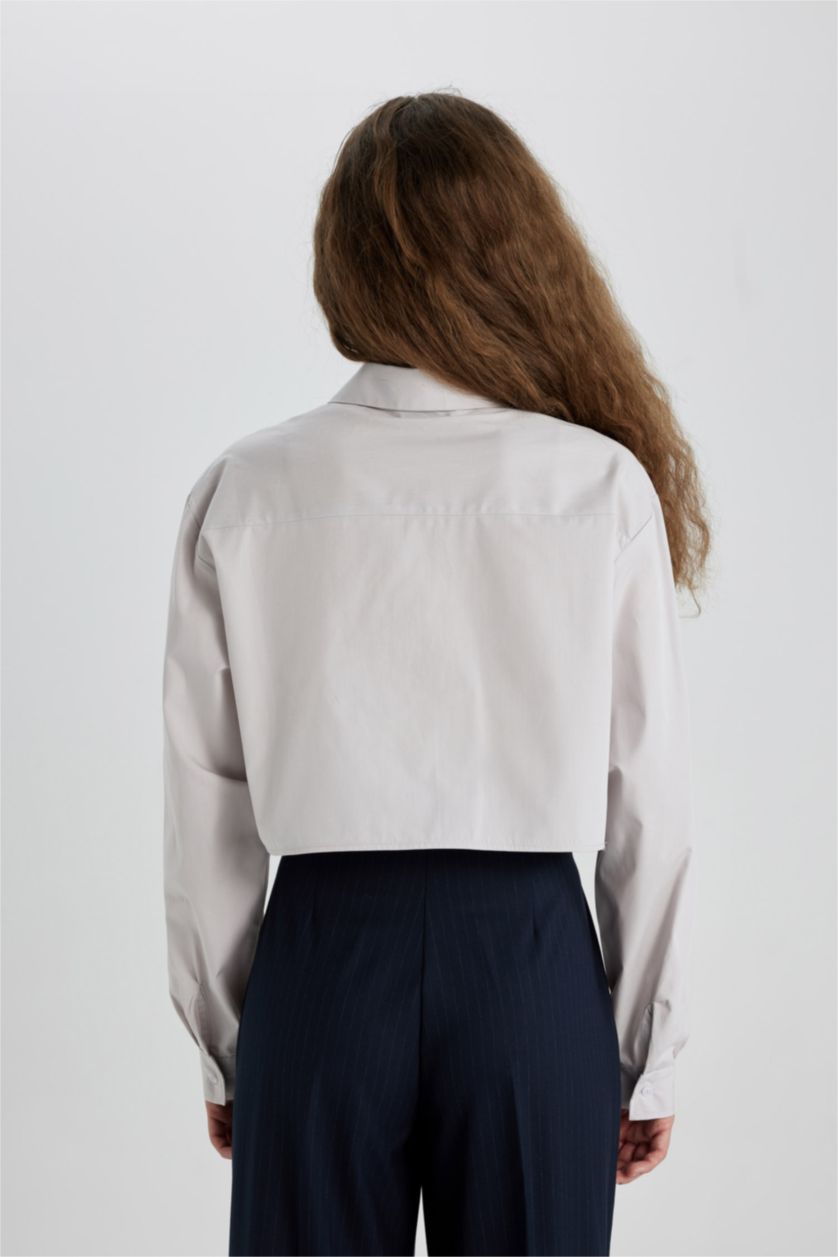 WOMAN Light Grey Oversize Poplin Long Sleeve Crop Shirt