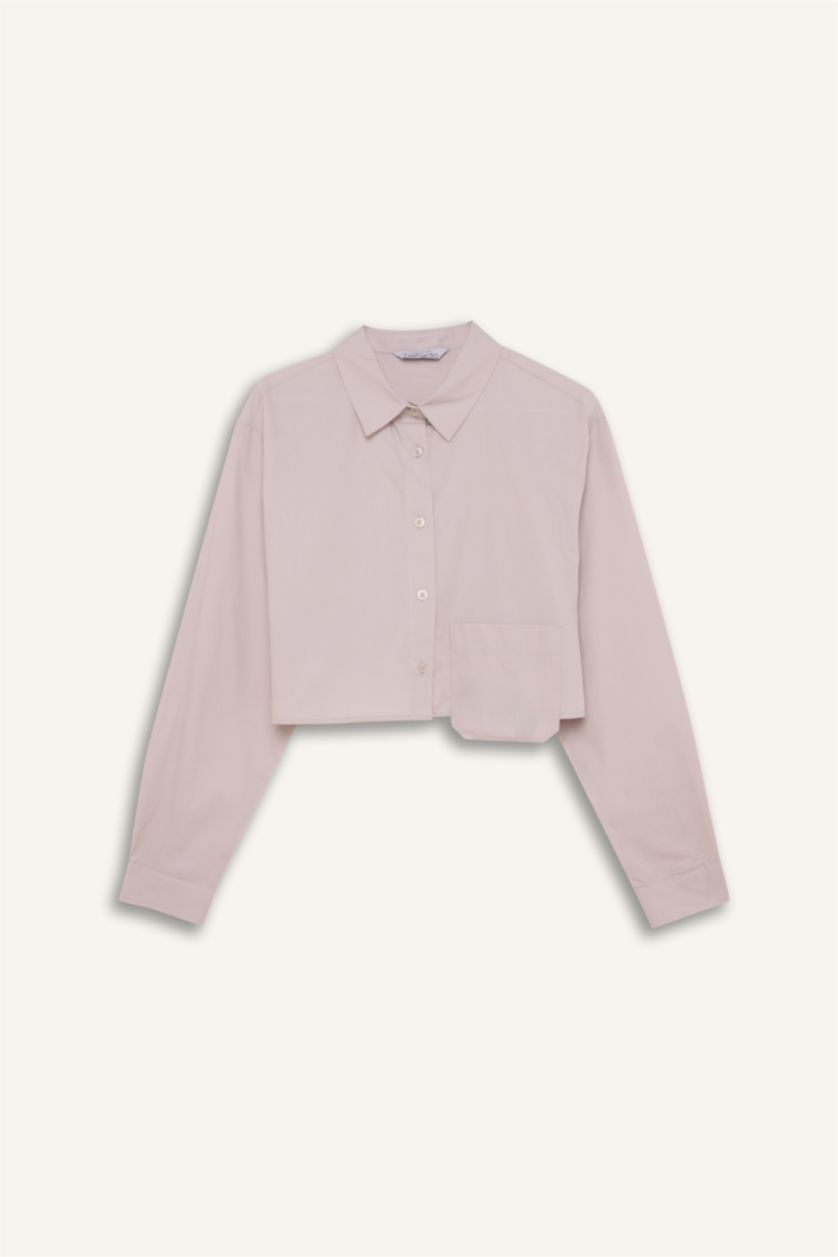 WOMAN Light Grey Oversize Poplin Long Sleeve Crop Shirt