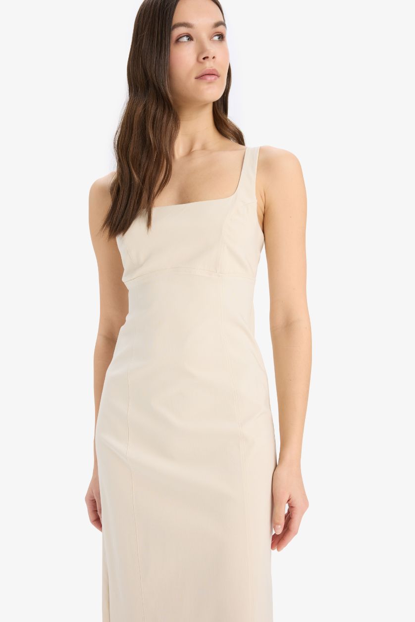 Woman Sand Bodycon Body-hugging Basic Square Neck Strappy Maxi Dress