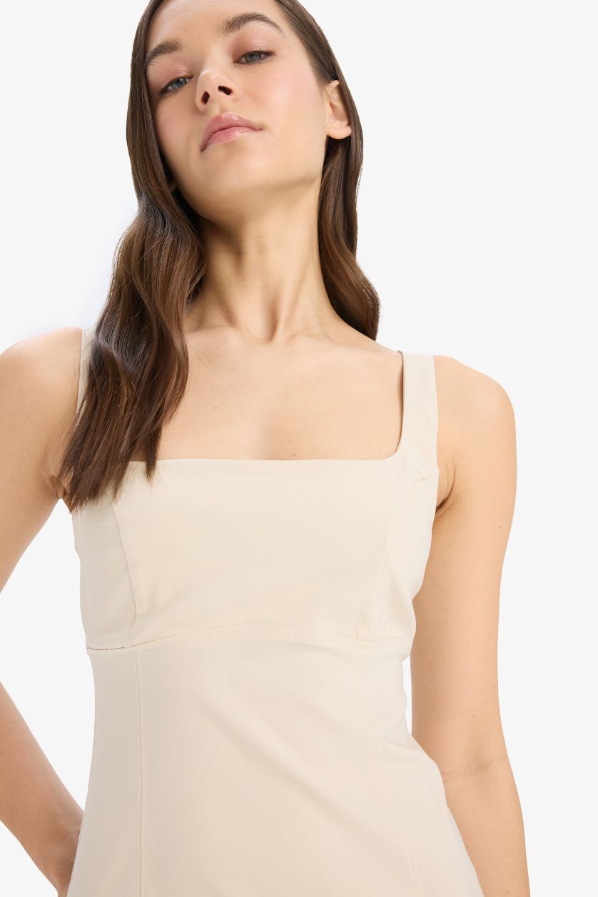 Woman Sand Bodycon Body-hugging Basic Square Neck Strappy Maxi Dress