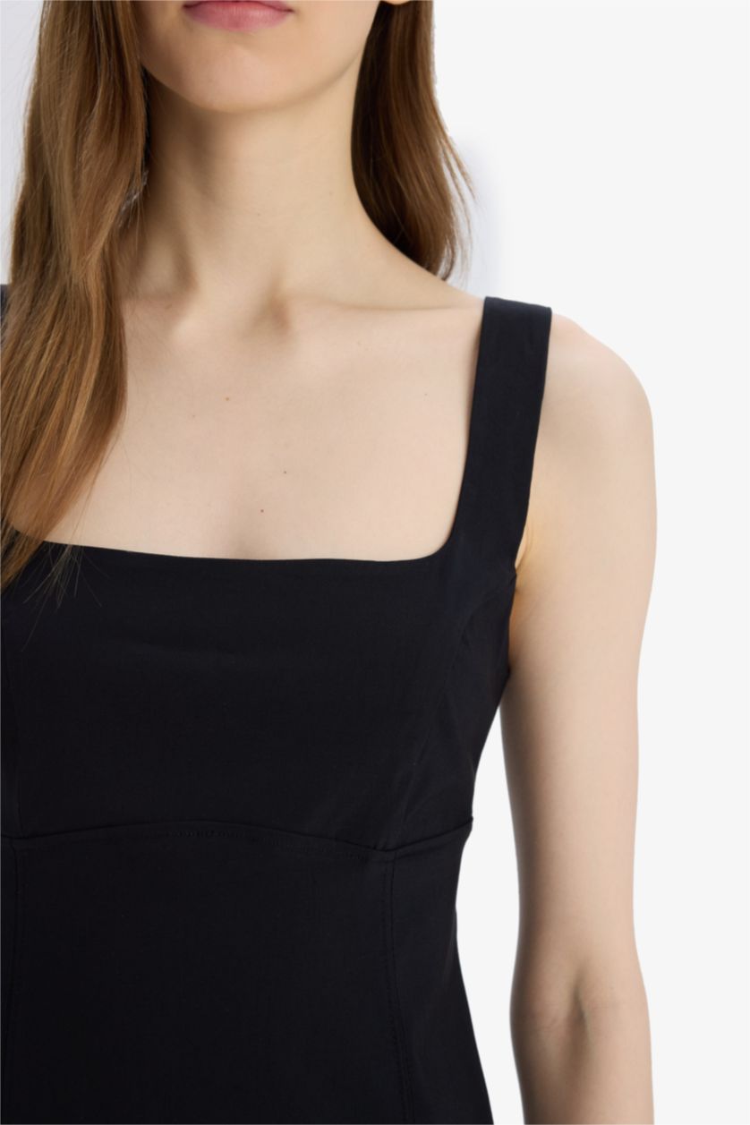 Kadın Siyah Bodycon Vücudu Saran Basic Düz Kare Yaka Askılı Maxi Elbise