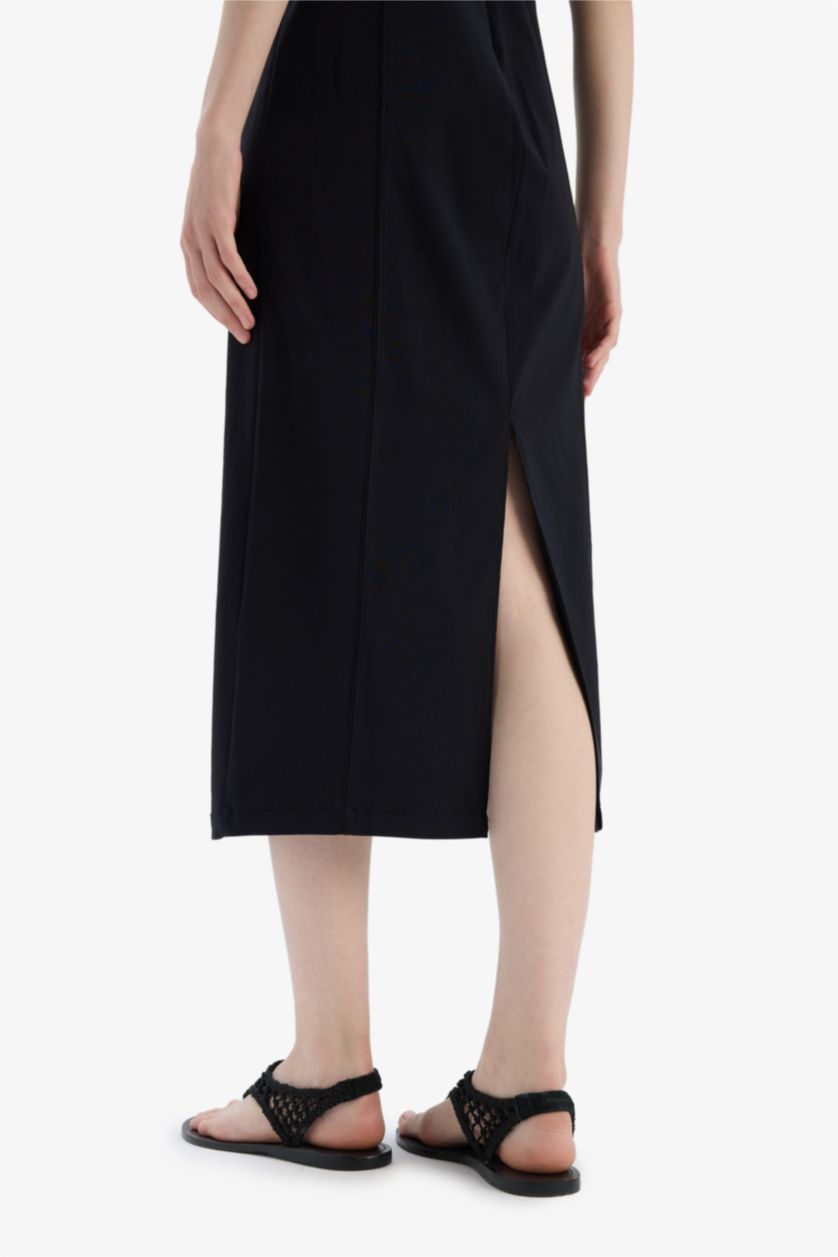 Kadın Siyah Bodycon Vücudu Saran Basic Düz Kare Yaka Askılı Maxi Elbise