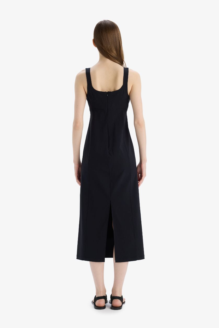 Kadın Siyah Bodycon Vücudu Saran Basic Düz Kare Yaka Askılı Maxi Elbise