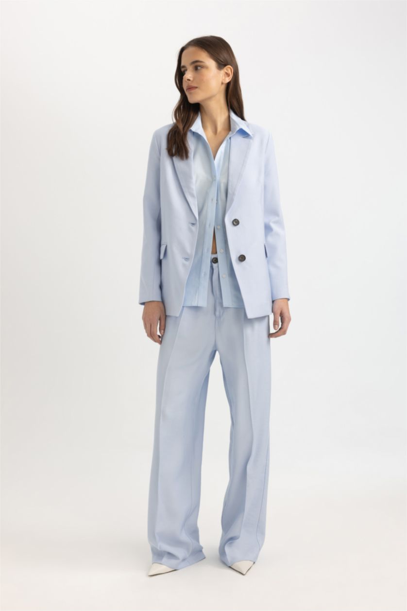 Женщины Голубрй Брюки Wide Leg с высокой талией