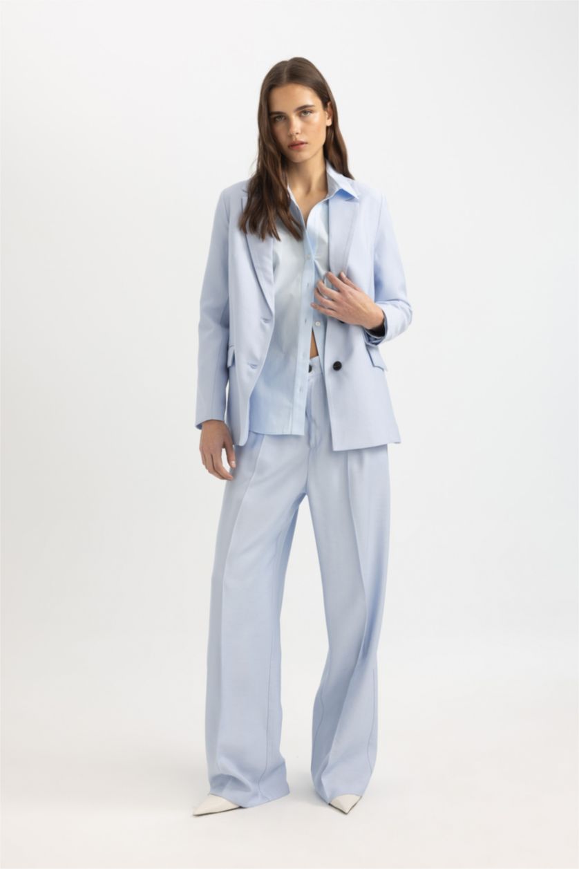 Женщины Голубрй Брюки Wide Leg с высокой талией