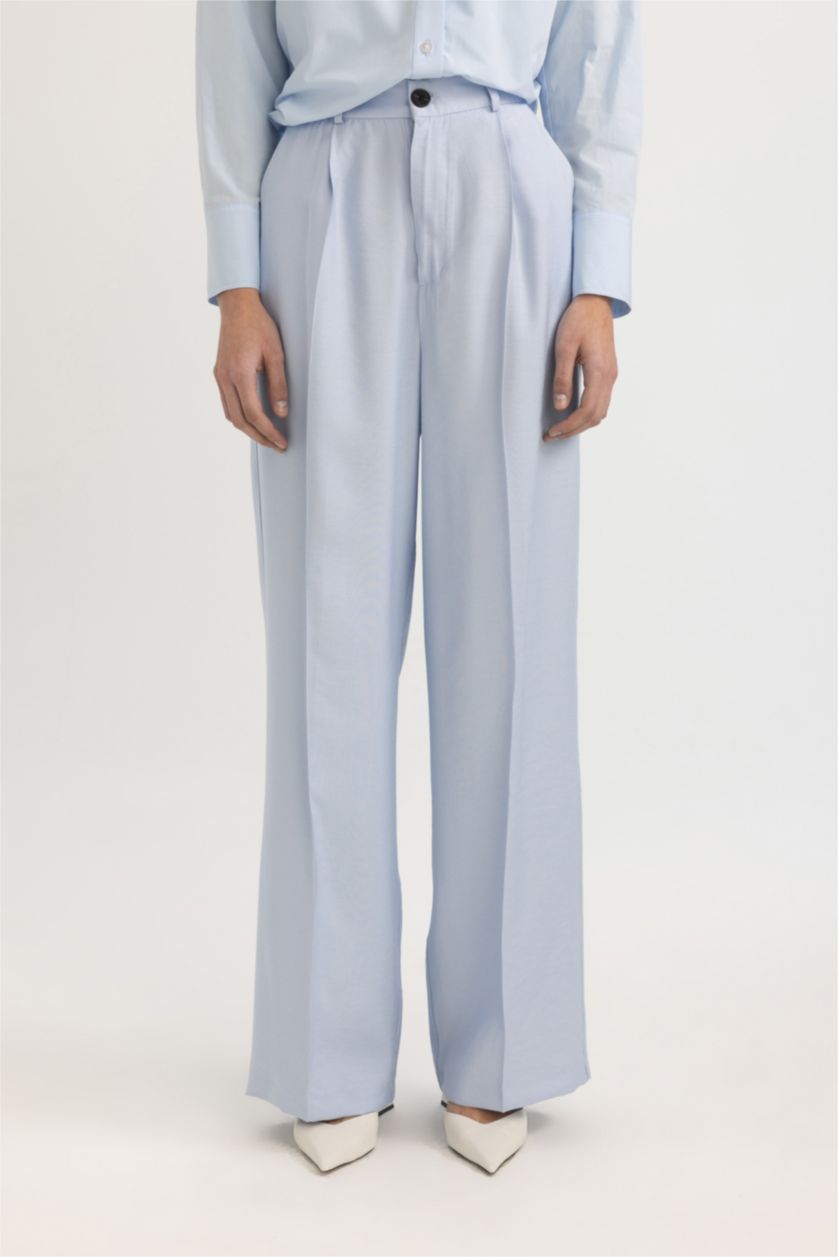 Женщины Голубрй Брюки Wide Leg с высокой талией
