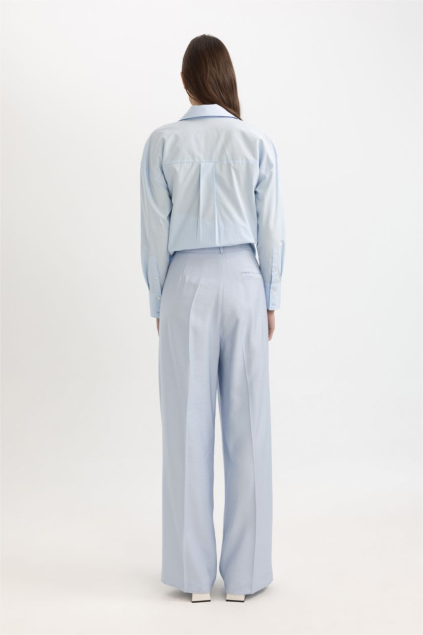 Женщины Голубрй Брюки Wide Leg с высокой талией