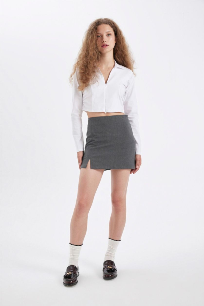 Kadın Violet Beyaz Beyaz Fitted Vücuda Oturan Gömlek Yaka Fermuarlı Bengalin Uzun Kollu Crop Basic Düz Bluz