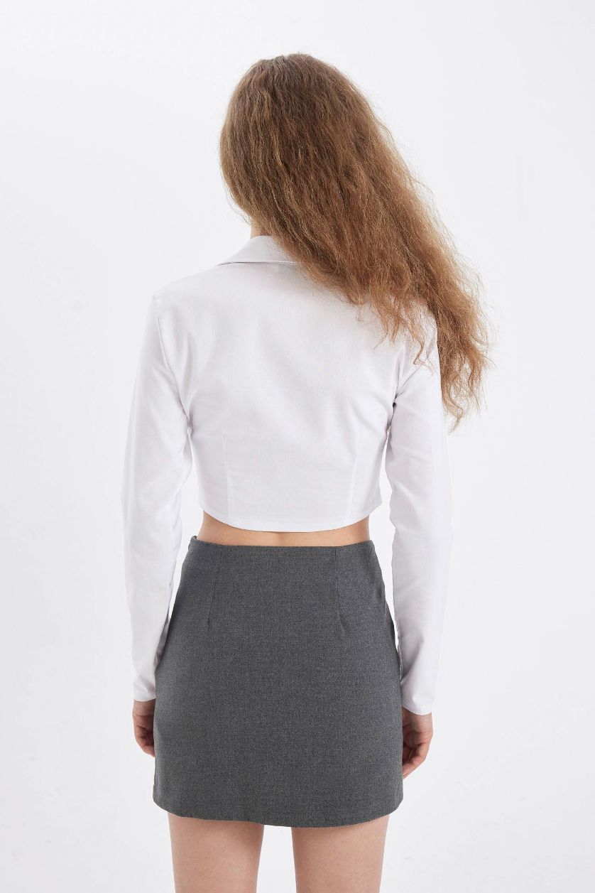 Kadın Violet Beyaz Beyaz Fitted Vücuda Oturan Gömlek Yaka Fermuarlı Bengalin Uzun Kollu Crop Basic Düz Bluz