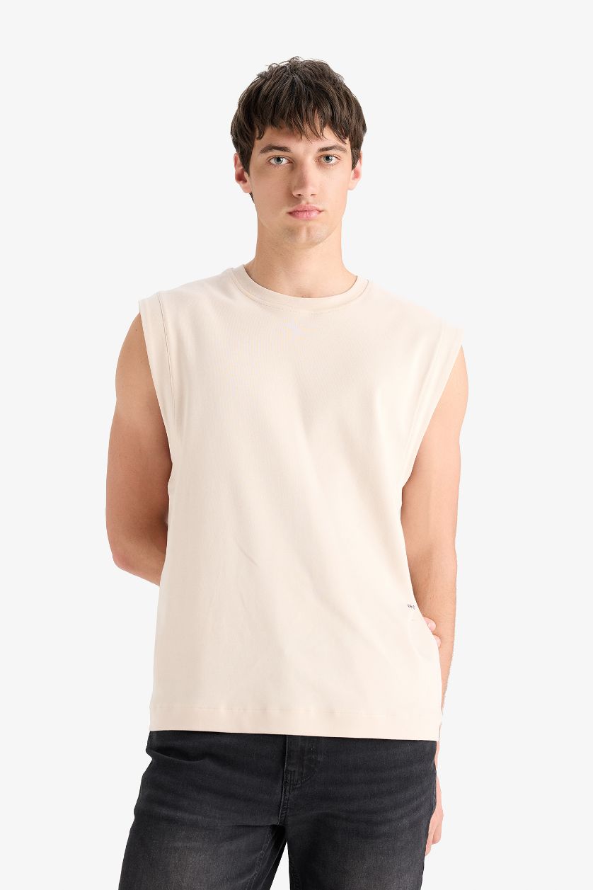 Erkek Taş %100 Pamuk Boxy Fit Bisiklet Yaka Baskılı Atlet