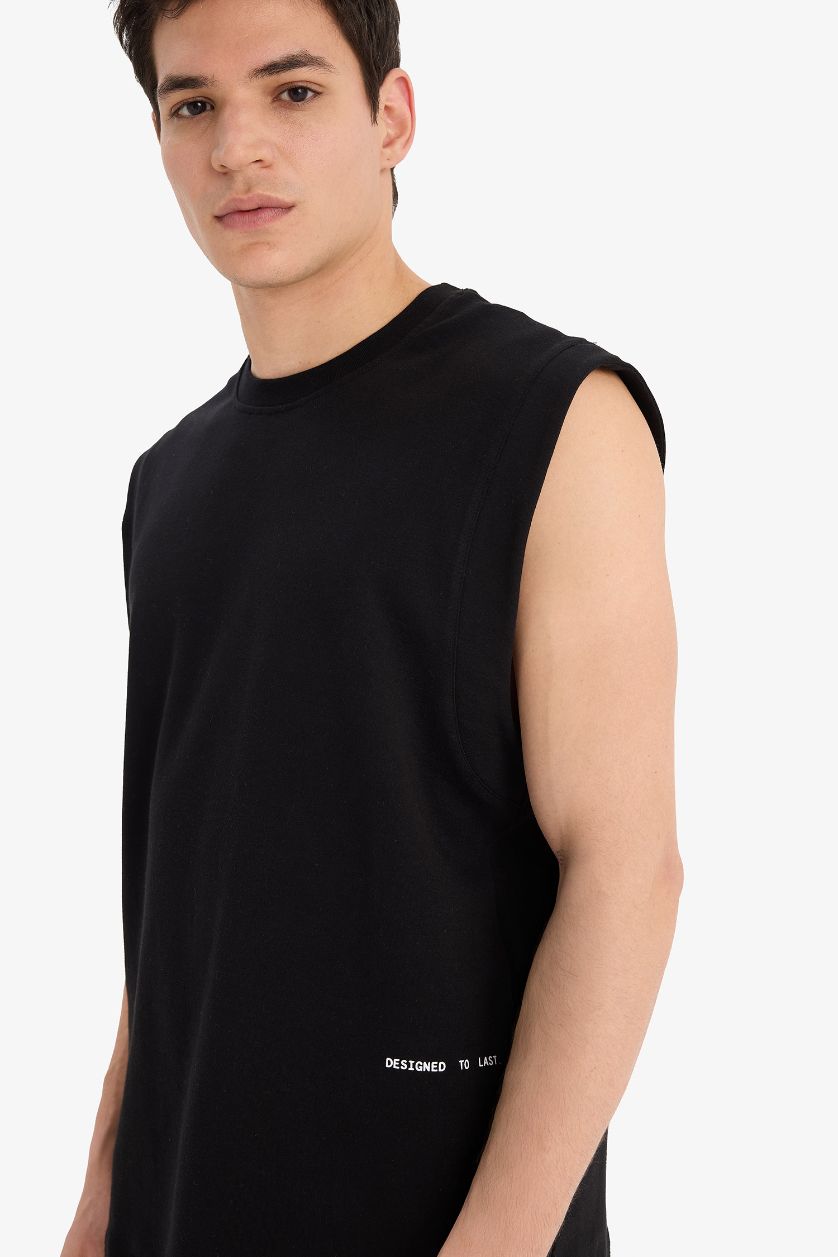 Erkek Siyah %100 Pamuk Boxy Fit Bisiklet Yaka Baskılı Atlet