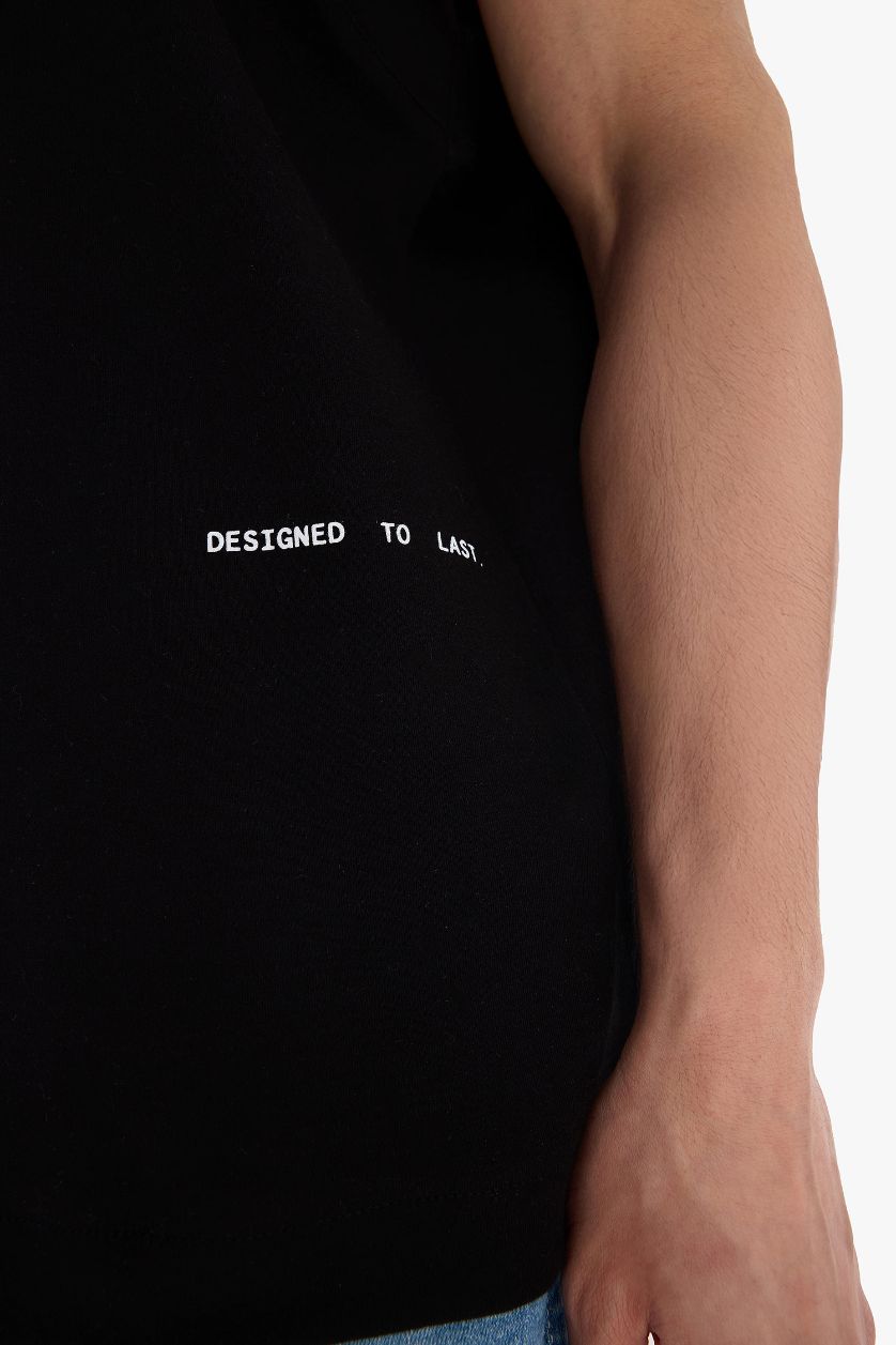 Erkek Siyah %100 Pamuk Boxy Fit Bisiklet Yaka Baskılı Atlet