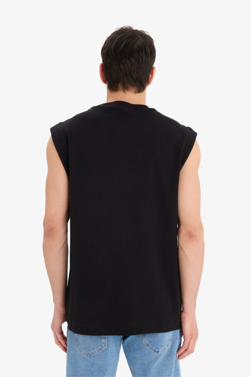 Erkek Siyah %100 Pamuk Boxy Fit Bisiklet Yaka Baskılı Atlet