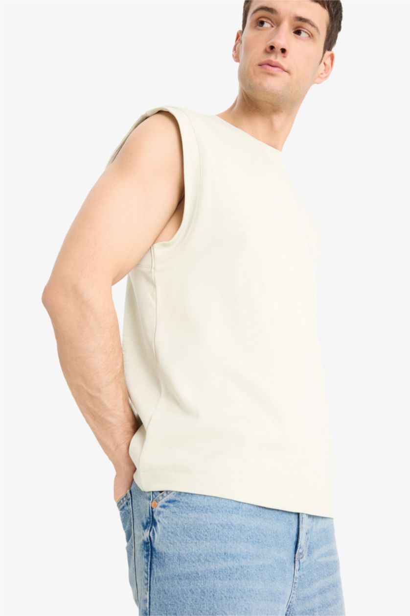 Man Light Khaki Boxy Fit Printed Crew Neck Sleeveless Tank Top