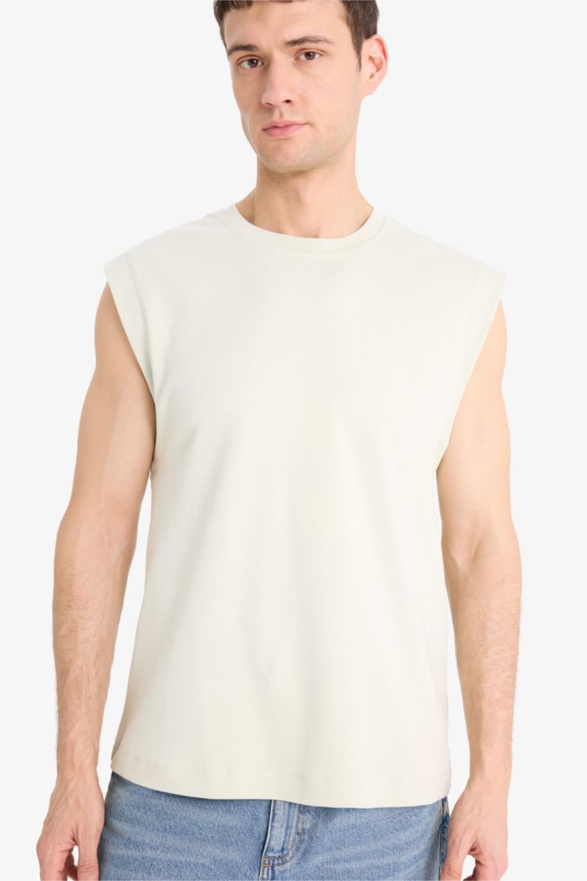 Man Light Khaki Boxy Fit Printed Crew Neck Sleeveless Tank Top