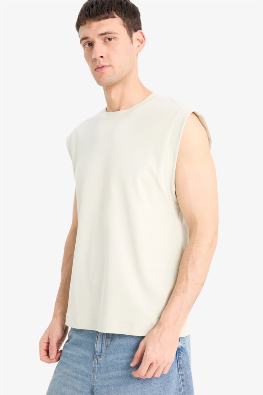 Man Light Khaki Boxy Fit Printed Crew Neck Sleeveless Tank Top