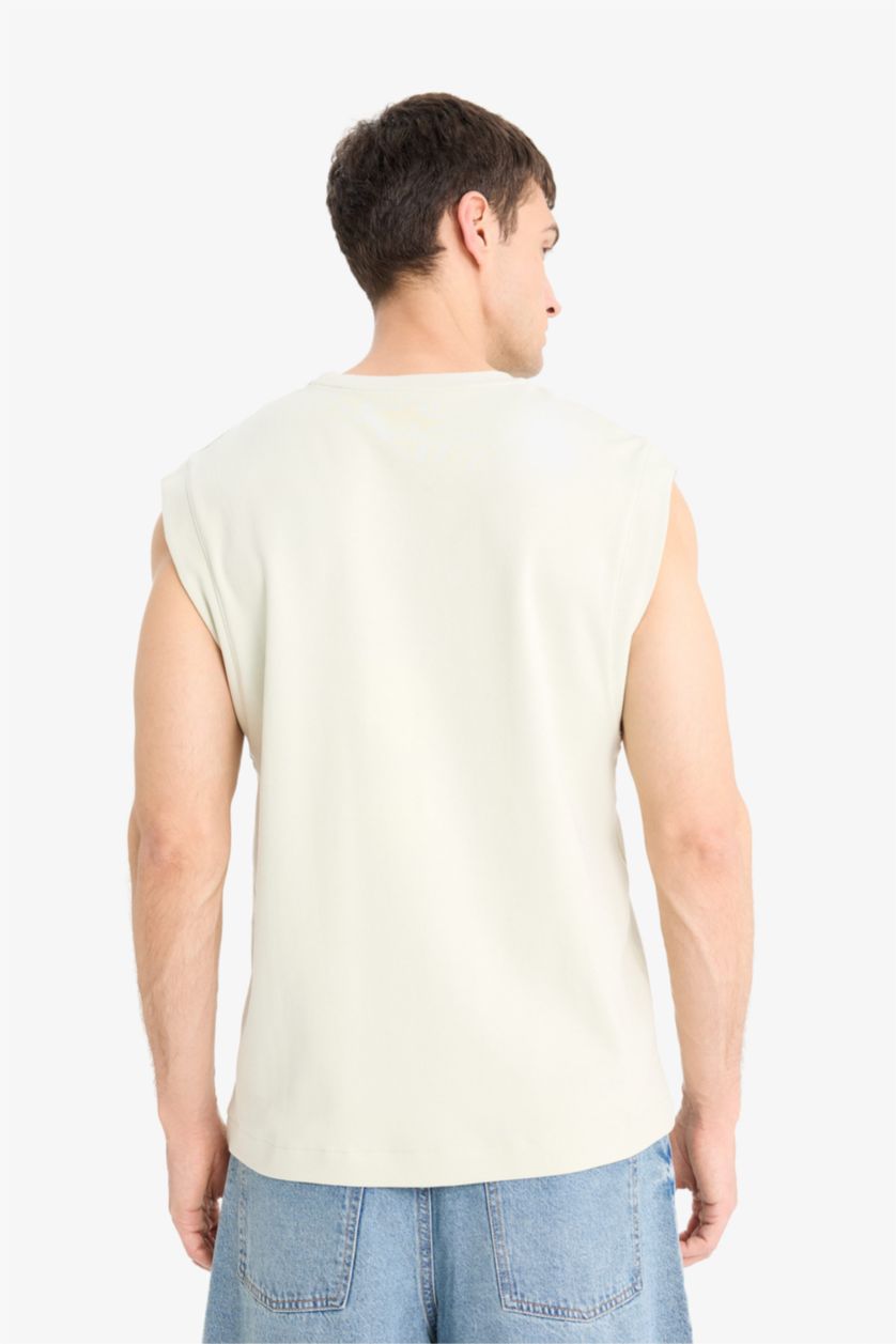 Man Light Khaki Boxy Fit Printed Crew Neck Sleeveless Tank Top