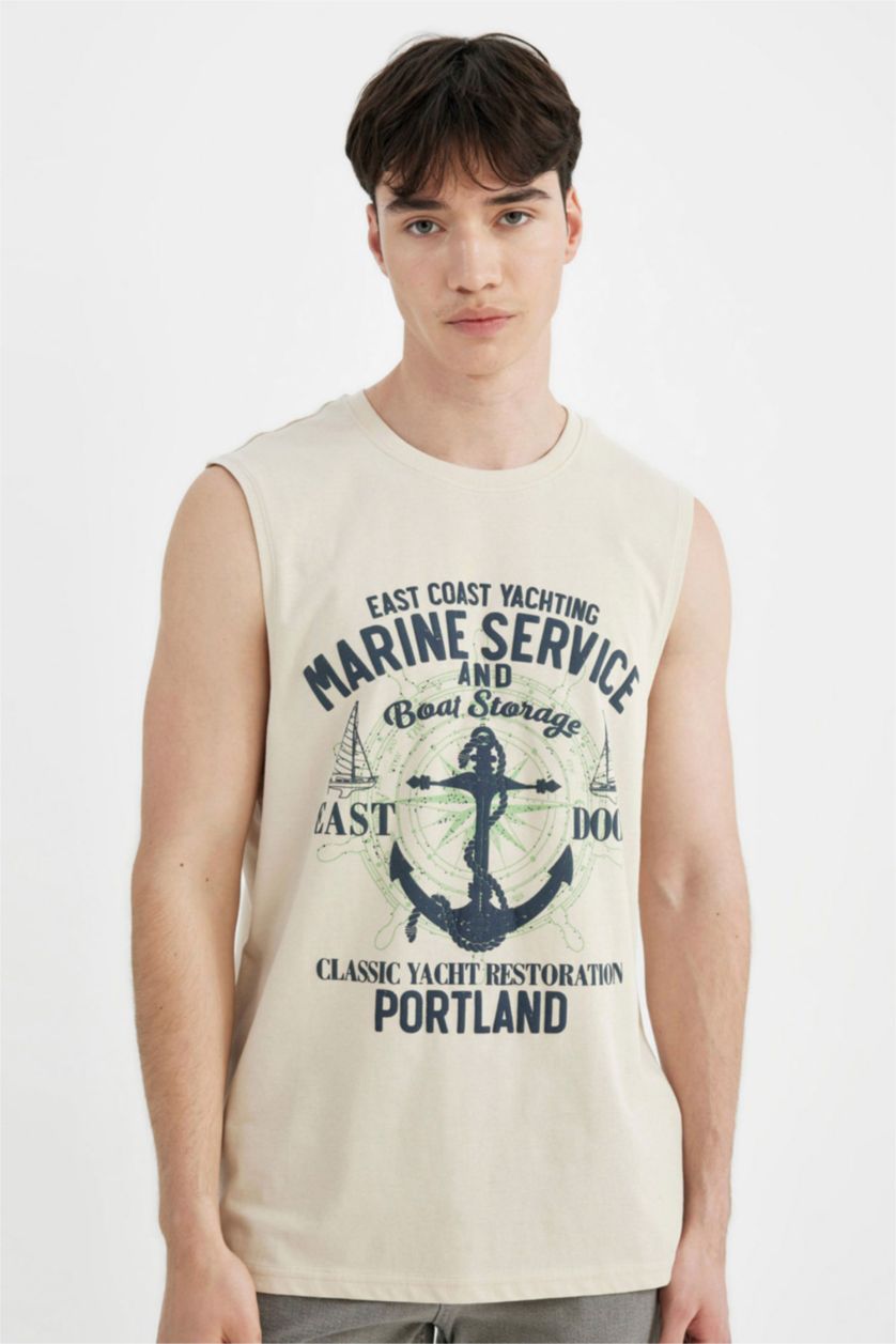 رجالي اللون الرملي تانك توب قصة عادية برقبة مستديرة