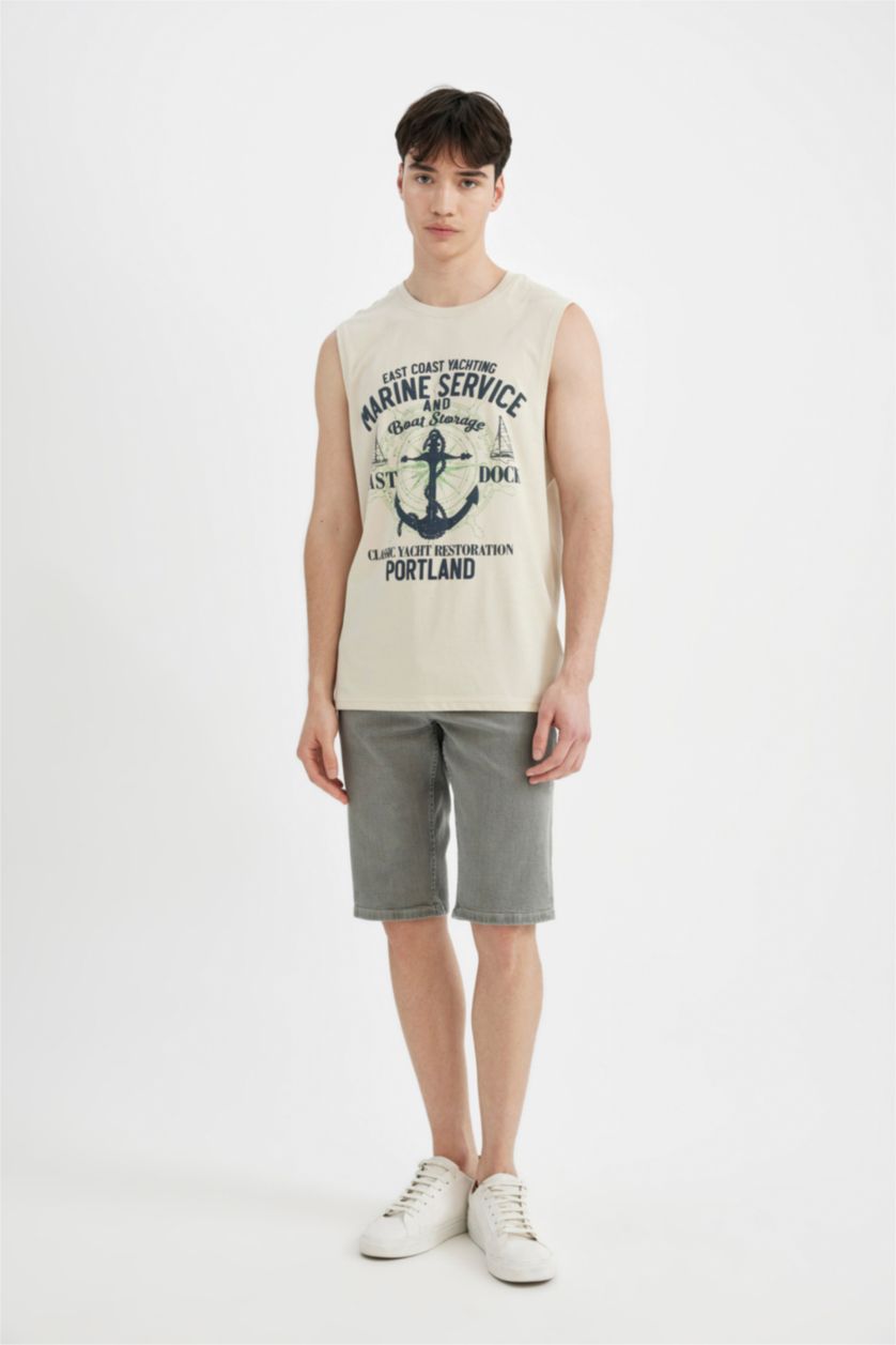 رجالي اللون الرملي تانك توب قصة عادية برقبة مستديرة