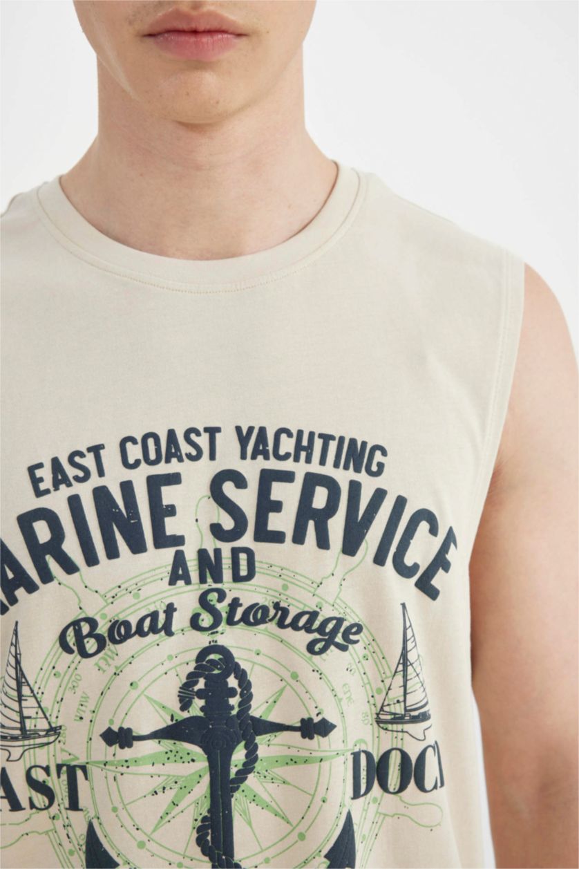 رجالي اللون الرملي تانك توب قصة عادية برقبة مستديرة