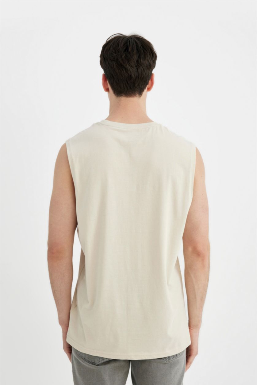 رجالي اللون الرملي تانك توب قصة عادية برقبة مستديرة