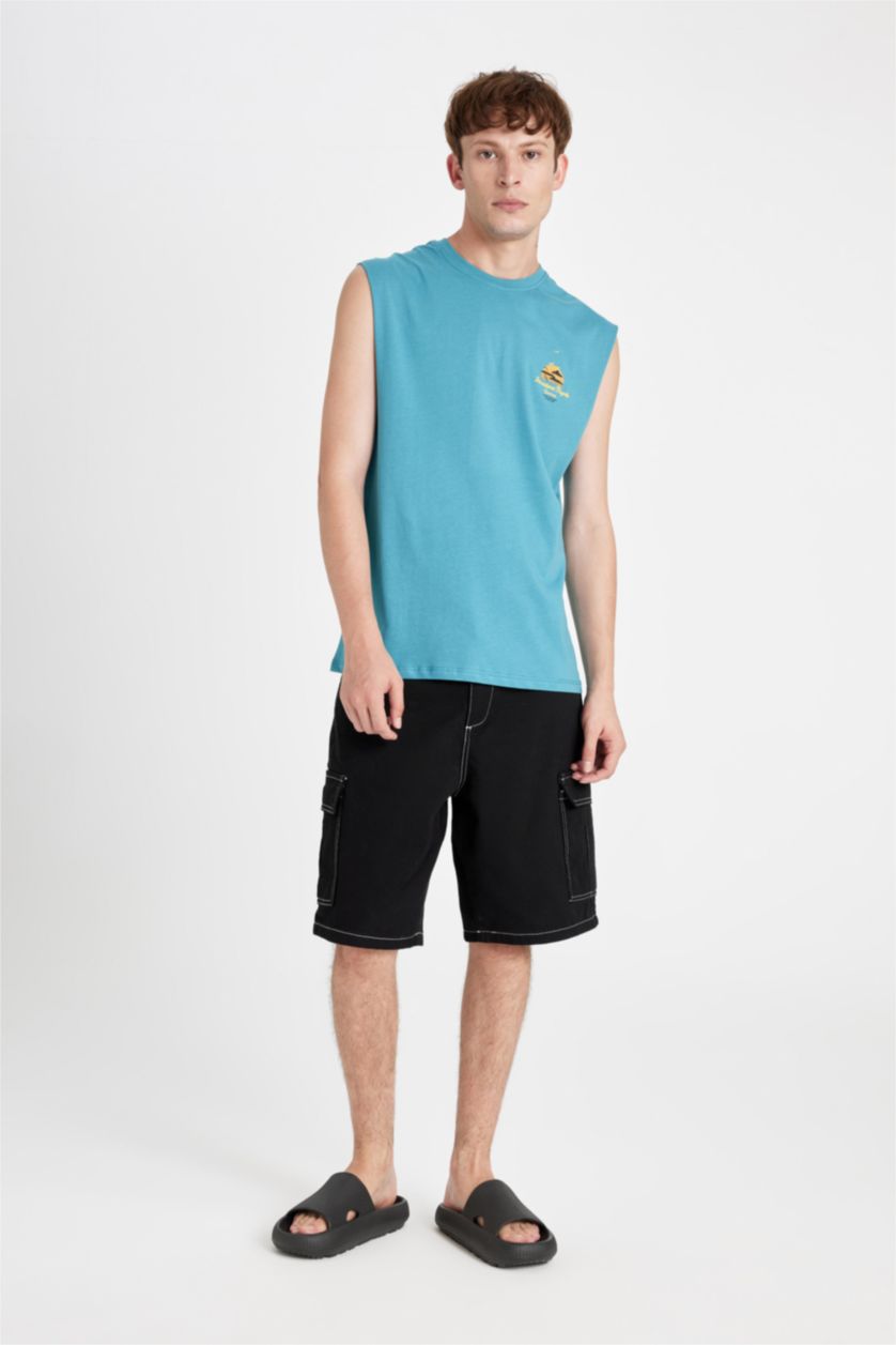 Man Blue Boxy Fit Printed Crew Neck Tank Top