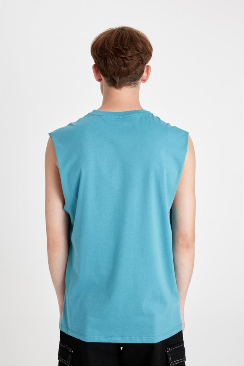 Man Blue Boxy Fit Printed Crew Neck Tank Top