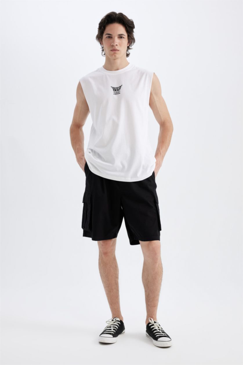 Man White Boxy Fit Printed Crew Neck Sleeveless T-Shirt