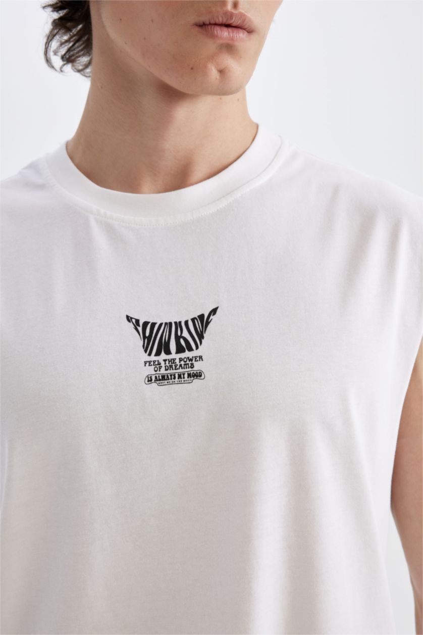 Man White Boxy Fit Printed Crew Neck Sleeveless T-Shirt