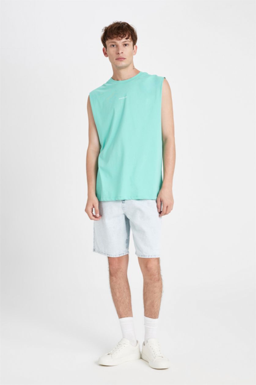 Man Mint Boxy Fit Printed Crew Neck Tank Top