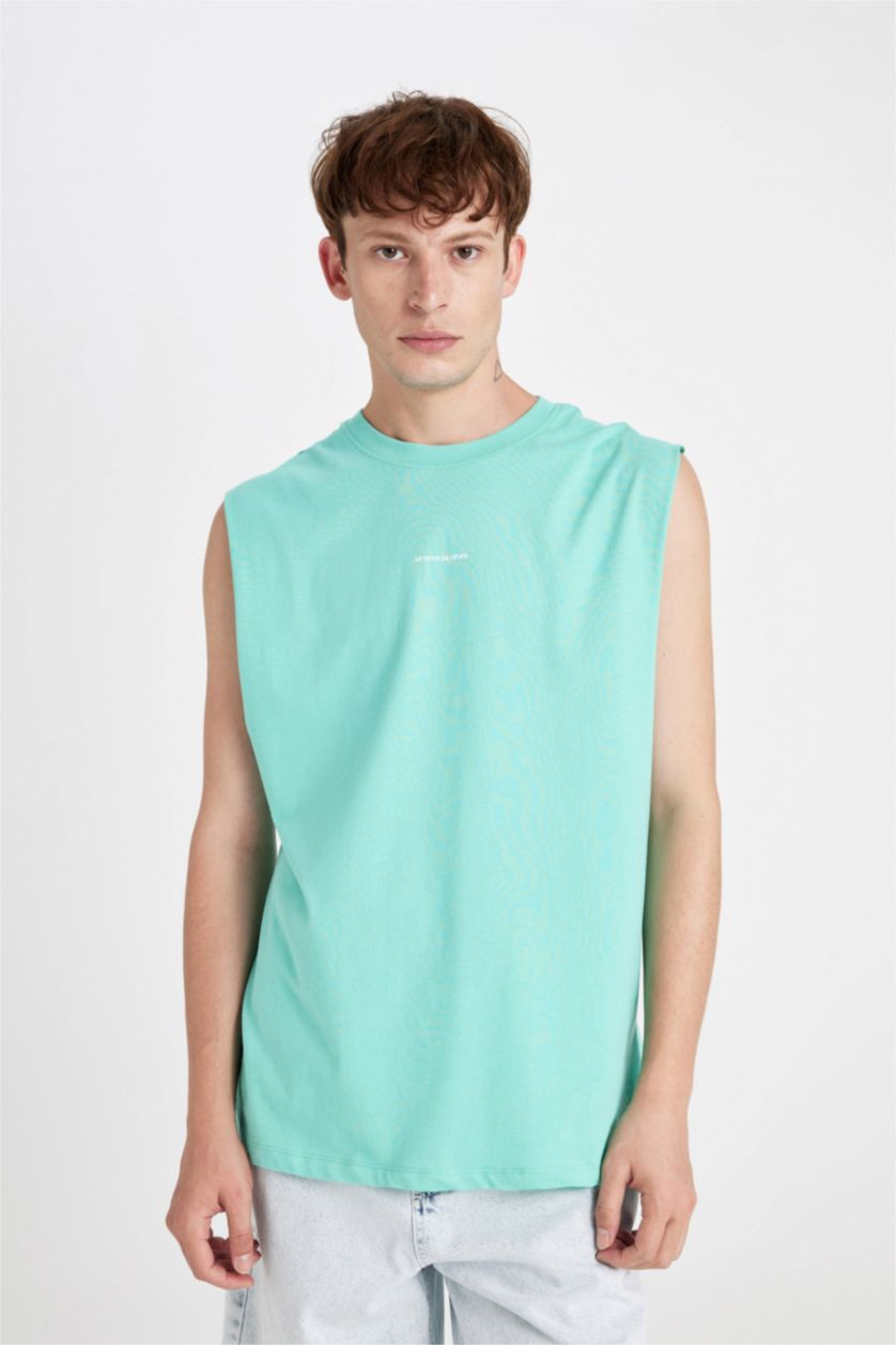 Man Mint Boxy Fit Printed Crew Neck Tank Top