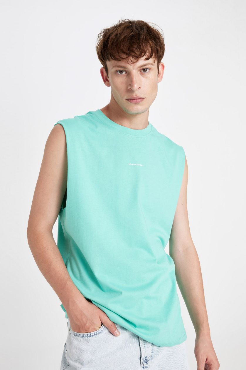 Man Mint Boxy Fit Printed Crew Neck Tank Top