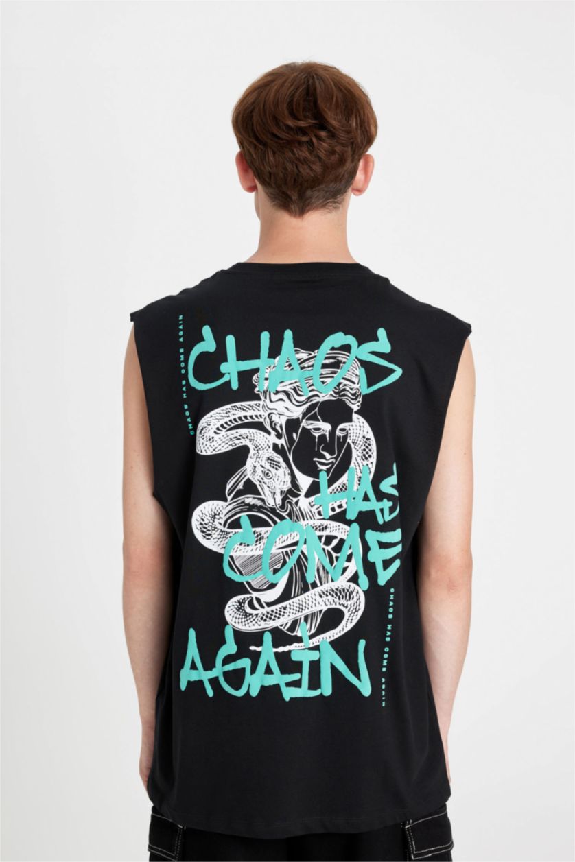 Erkek Siyah %100 Pamuk Boxy Fit Baskılı Bisiklet Yaka Atlet