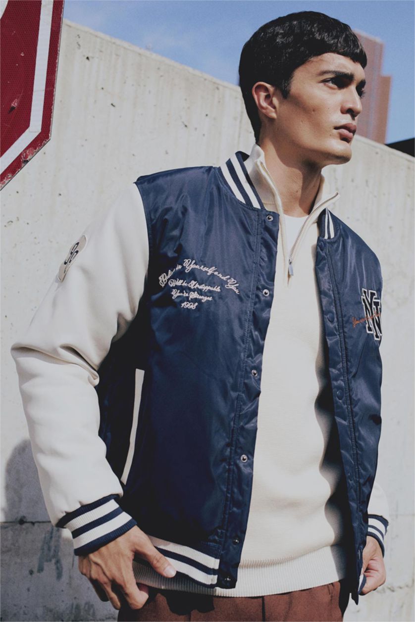 MAN NAVY Oversize Fit College Collar Bomber Jacket