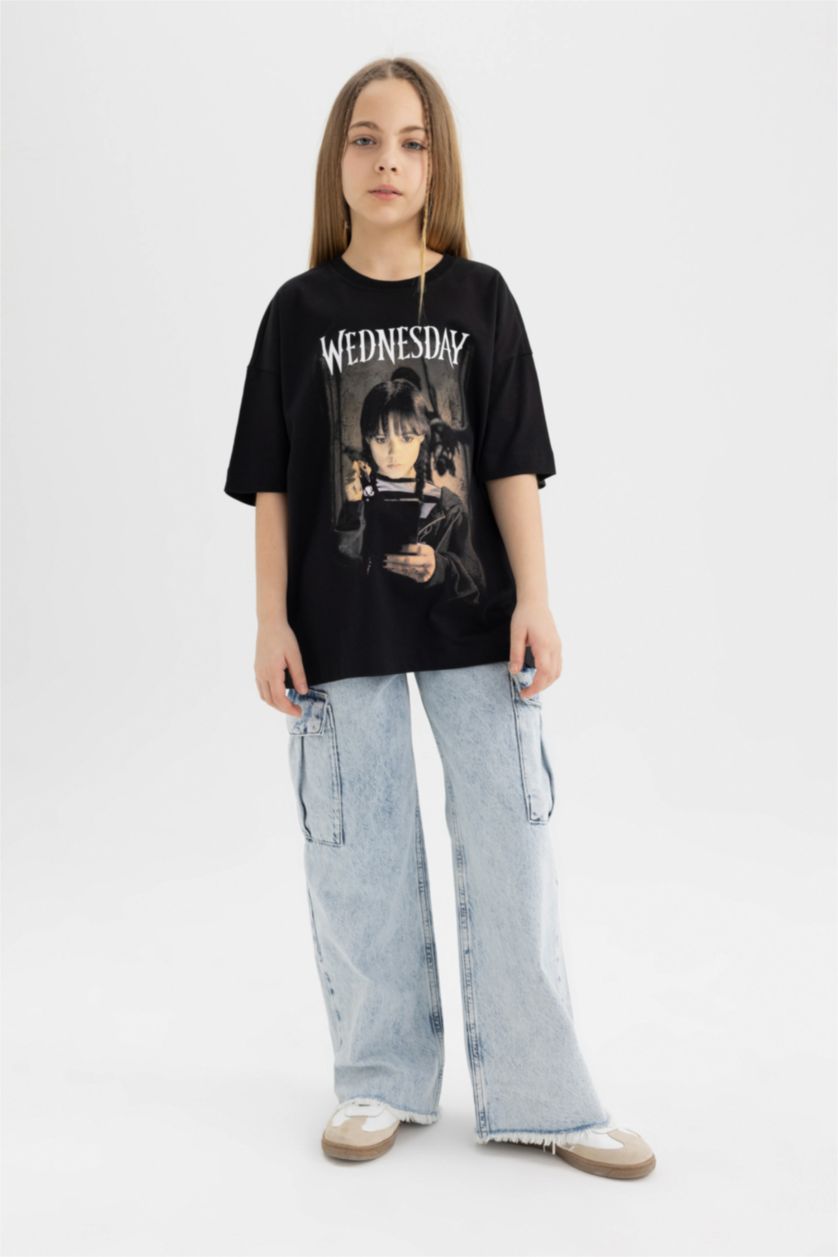 Kız Çocuk - Genç Kız Siyah Kız Çocuk Wednesday Oversize Geniş Kalıp Bisiklet Yaka Kısa Kollu Tişört
