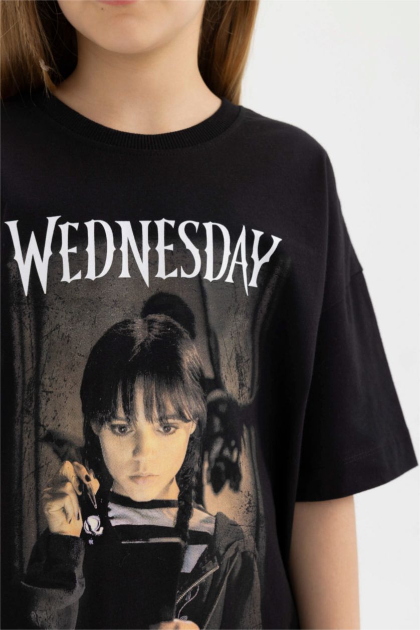 Kız Çocuk - Genç Kız Siyah Kız Çocuk Wednesday Oversize Geniş Kalıp Bisiklet Yaka Kısa Kollu Tişört