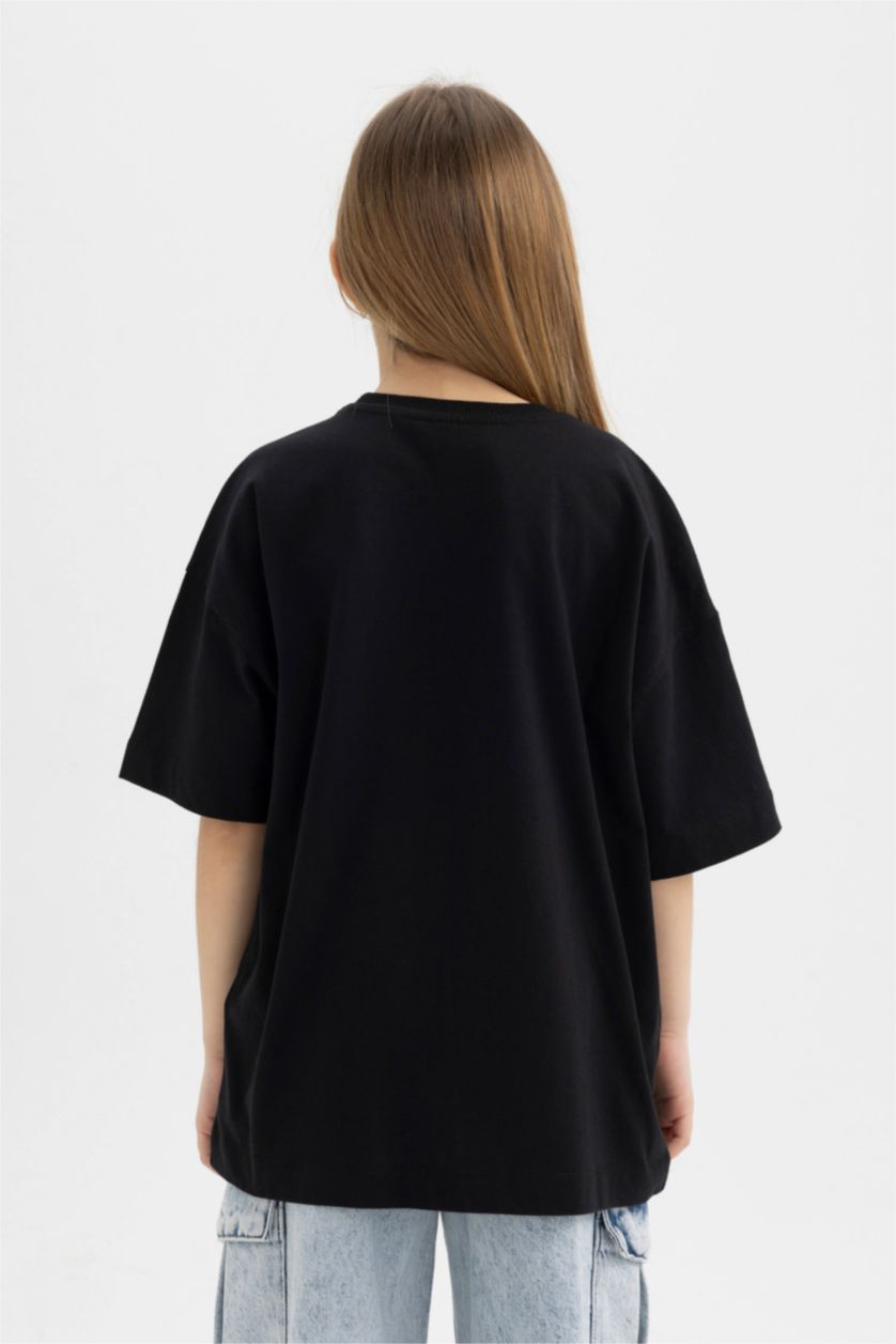 Kız Çocuk - Genç Kız Siyah Kız Çocuk Wednesday Oversize Geniş Kalıp Bisiklet Yaka Kısa Kollu Tişört