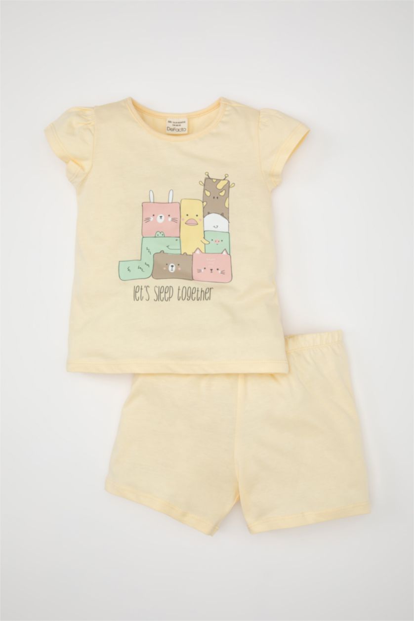 Kız Bebek Ekru Kız Bebek Pijama Takımı Bisiklet Yaka Baskılı Penye Kısa Kollu Üst Şort