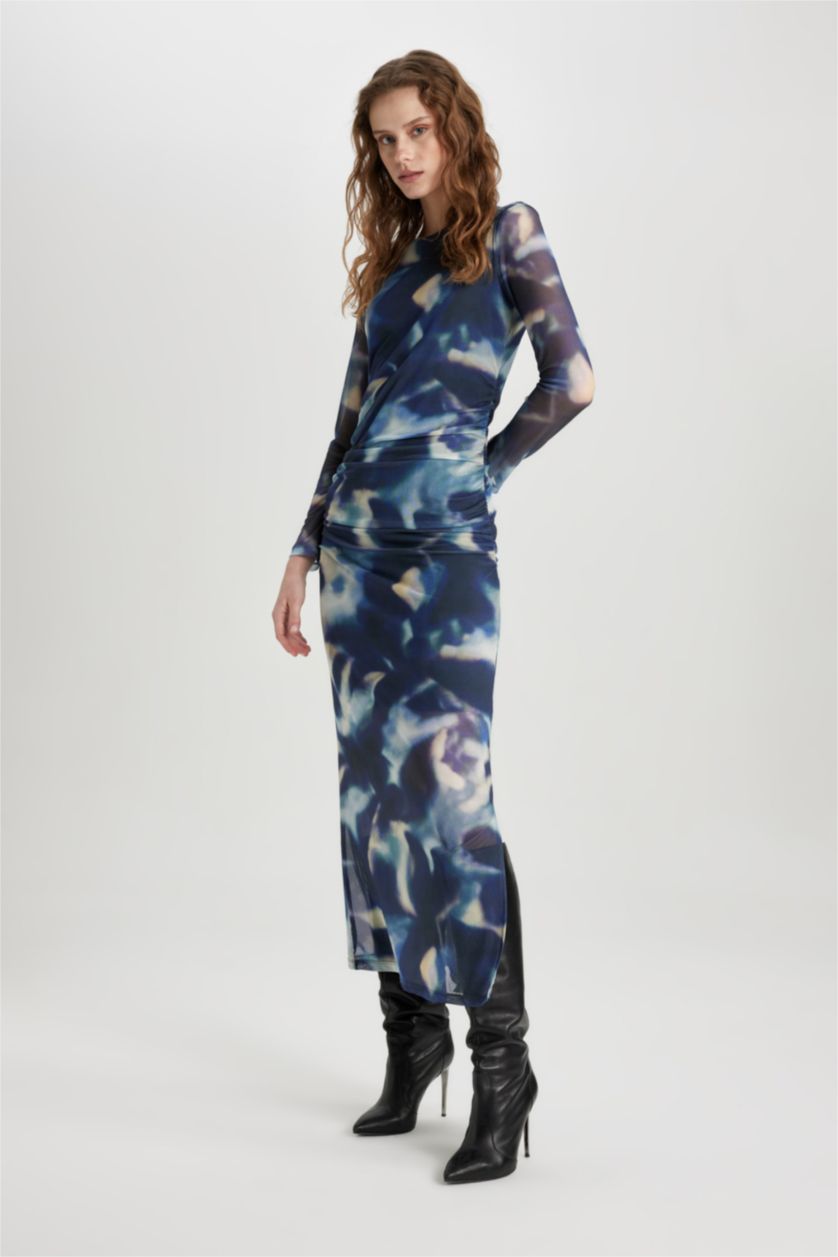 نساء أزرق فاقع فستان ميدي تاي داي تول بوديكون بياخة مدورة