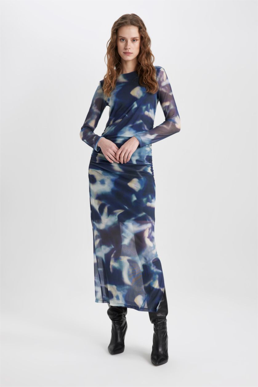 نساء أزرق فاقع فستان ميدي تاي داي تول بوديكون بياخة مدورة