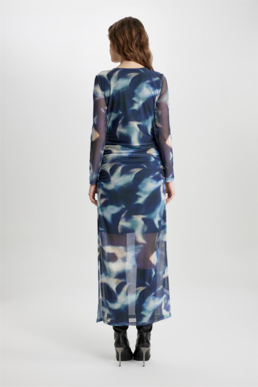 نساء أزرق فاقع فستان ميدي تاي داي تول بوديكون بياخة مدورة