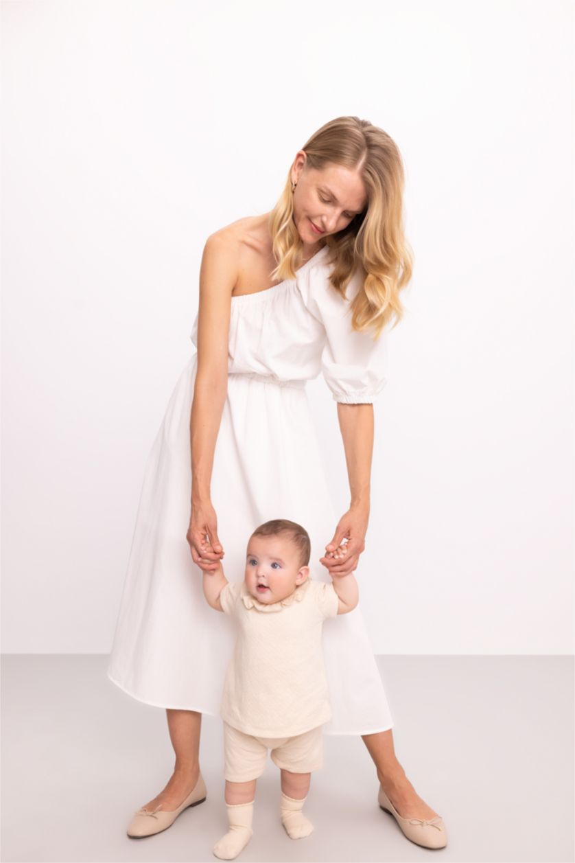 طفلة صغيرة ميلانج بيج طقم بيبي بناتي شورت وبلوزة مكشكشة قصة عادية - قطعتين