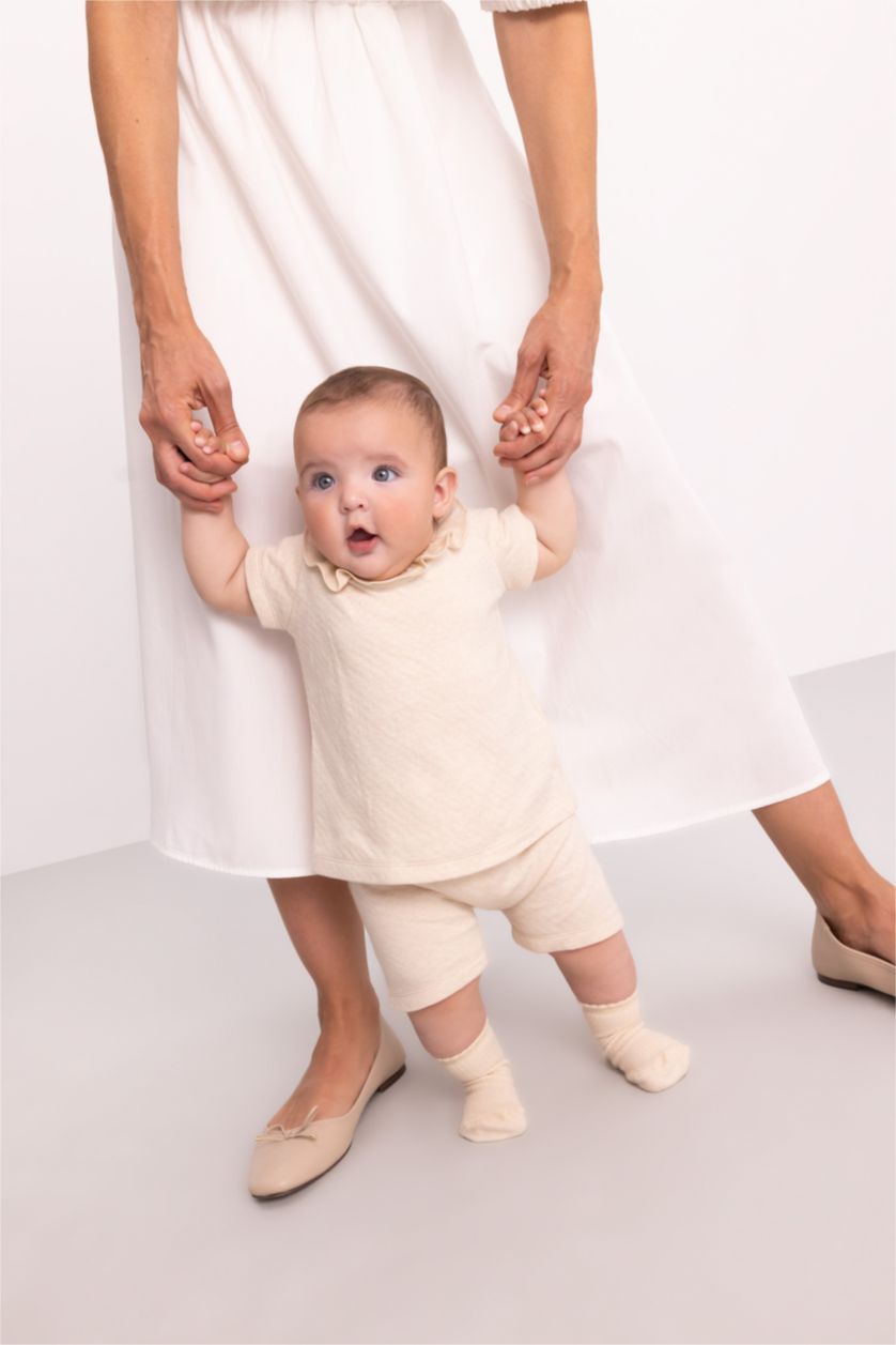 طفلة صغيرة ميلانج بيج طقم بيبي بناتي شورت وبلوزة مكشكشة قصة عادية - قطعتين