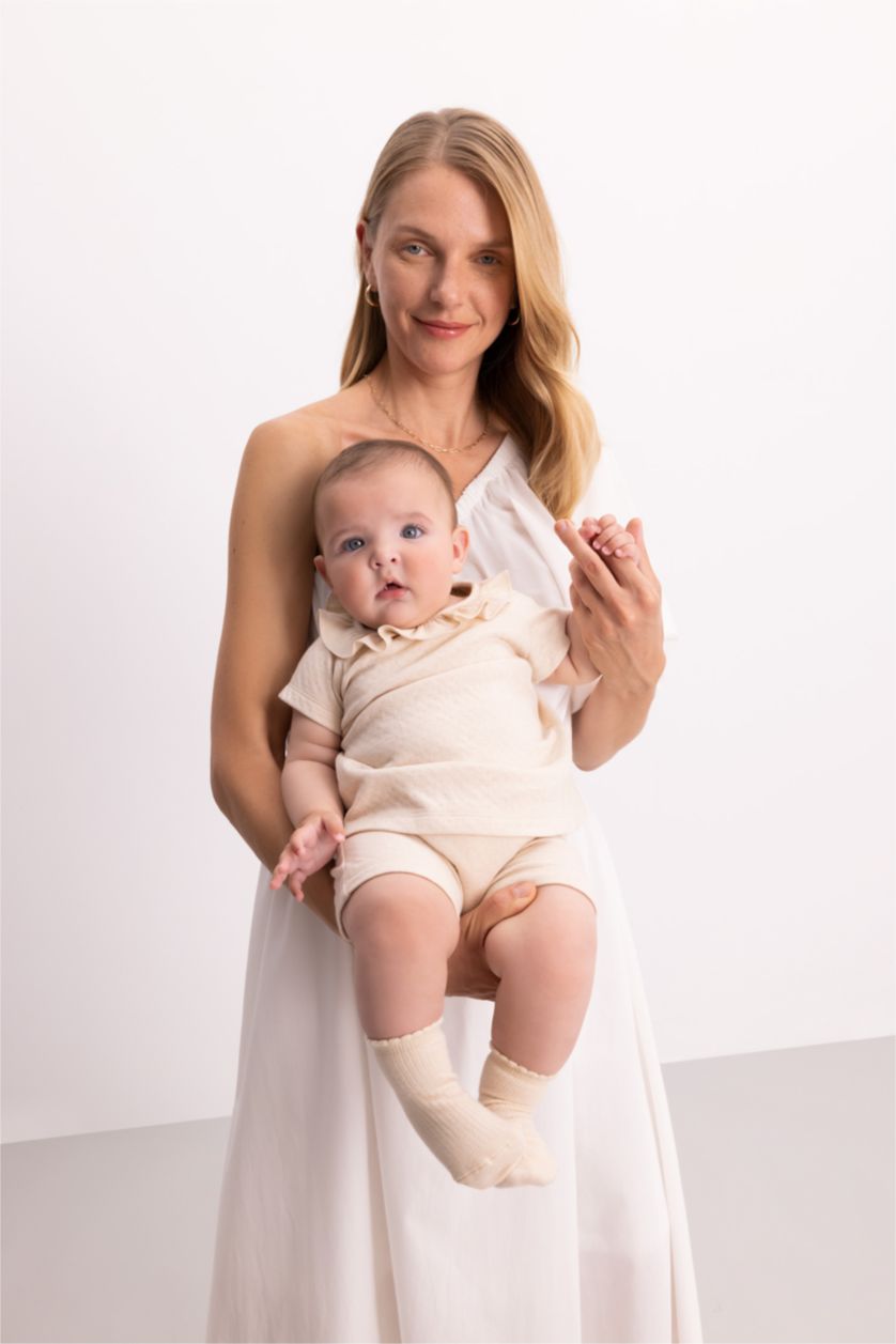 طفلة صغيرة ميلانج بيج طقم بيبي بناتي شورت وبلوزة مكشكشة قصة عادية - قطعتين