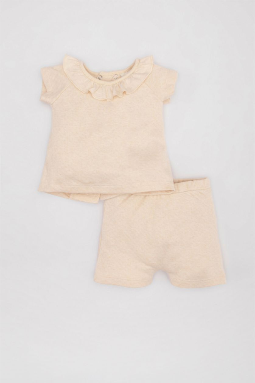 طفلة صغيرة ميلانج بيج طقم بيبي بناتي شورت وبلوزة مكشكشة قصة عادية - قطعتين