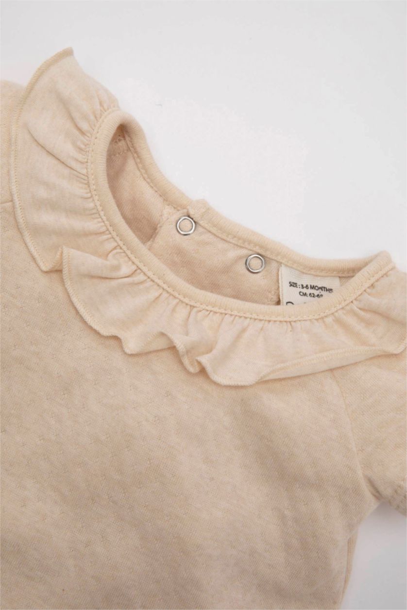 طفلة صغيرة ميلانج بيج طقم بيبي بناتي شورت وبلوزة مكشكشة قصة عادية - قطعتين