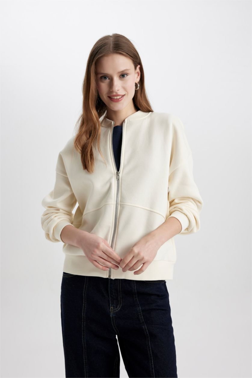 WOMAN Sand Oversize Fit College Collar Bomber Thick Fabric Cardigan