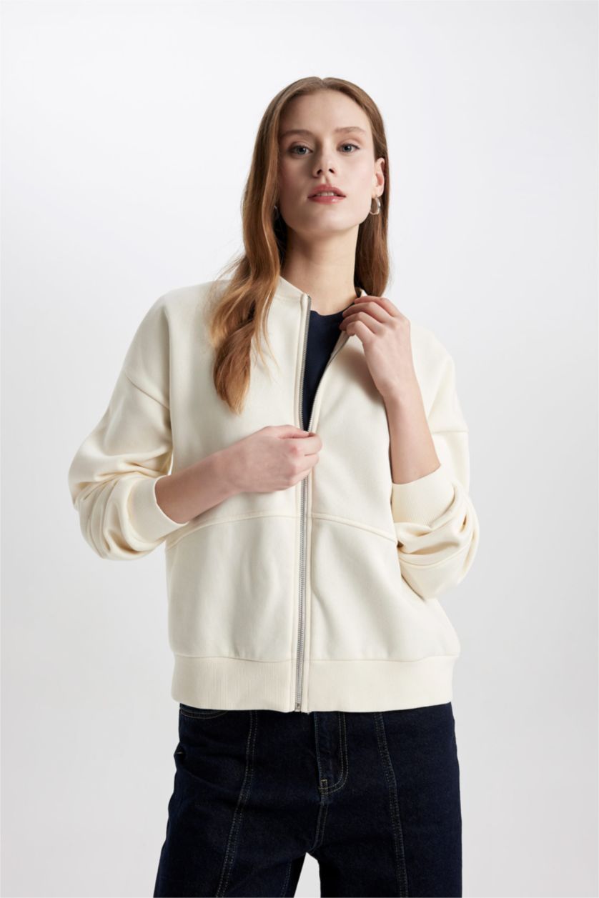 WOMAN Sand Oversize Fit College Collar Bomber Thick Fabric Cardigan