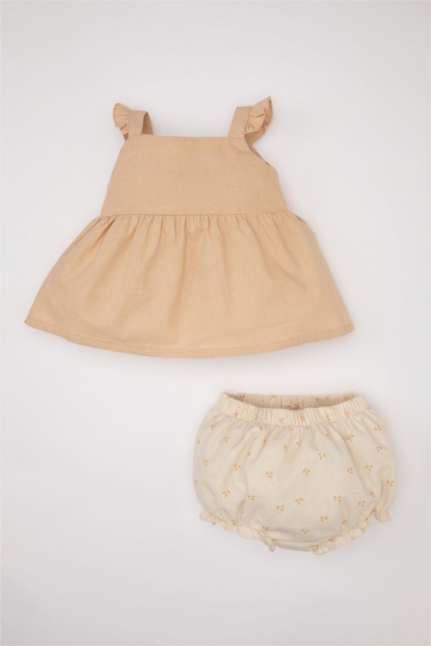 BABY GIRL Beige Baby Girl Floral Linen Sleeveless Blouse Shorts 2 Piece Set